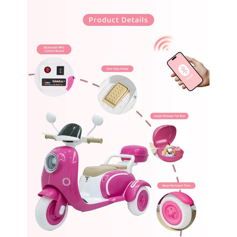 Girls Electric Motorcycle, 2-Seater Kids Motorcycle,12V Ride On Scooter for Kids, Cute Design with Stable 3-Wheel, Ages 3-6