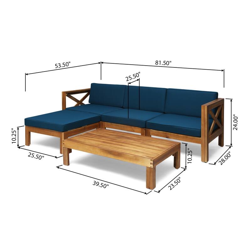 3 Piece Outdoor L-Shape Sofa Set, All-Weather Acacia Wood Conversation Furniture Set with Ottoman and Coffee Table