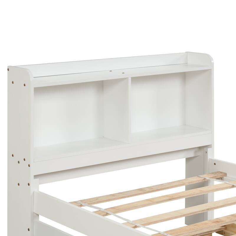 Full/Twin Storage Bed with Trundle and Bookcase Headboard, Pine Wood Bed Frame with Shelves, Space-Saving Design