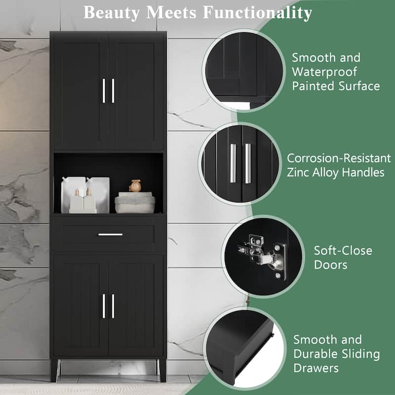 70.9" Tall Storage Cabinet - 4 Soft-Close Doors, 1 Drawer & 2 Adjustable Shelves. Perfect for Bathroom, Laundry or Living Room.