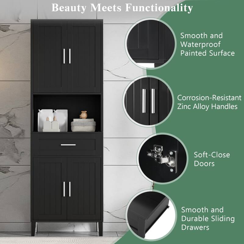 Modern Tall Bathroom Cabinet with Adjustable Shelves, Soft Close Doors, Drawer, Open Storage, 70.9" Freestanding