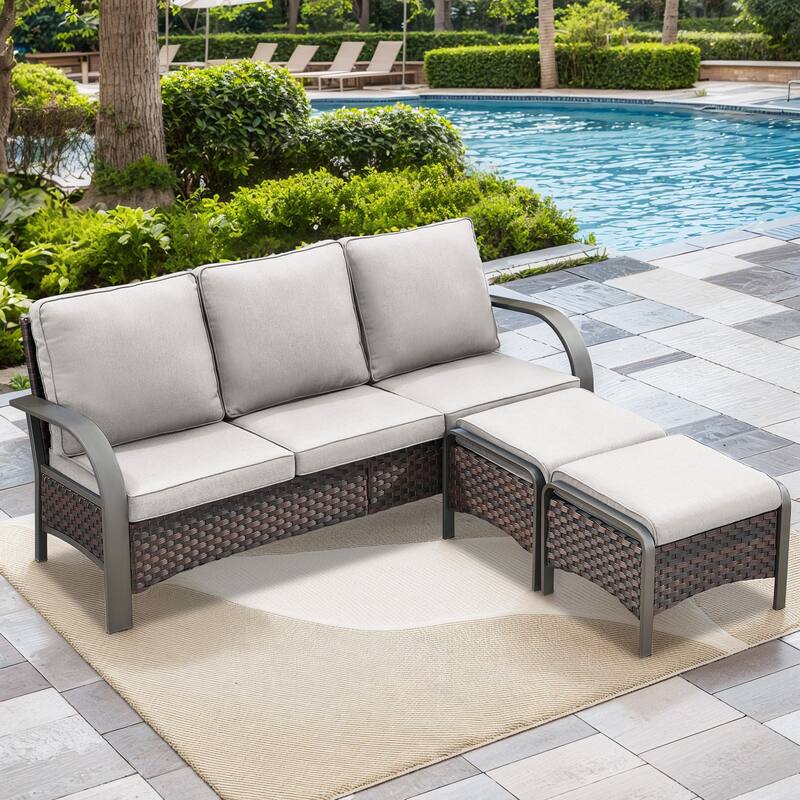 Outdoor PE Wicker Patio Furniture Set - Brown Rattan - Beige Cushion - 3PCS Sofa with Ottoman