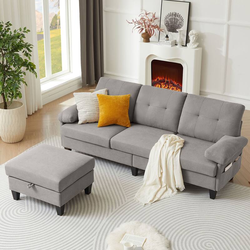 84.45" Wide Sectional Sofa with Ottoman & Side Storage Bags