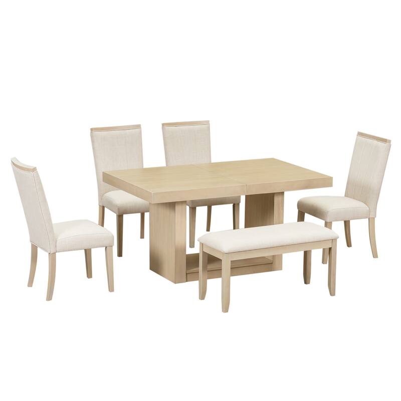 6-Piece Extendable Pedestal Dining Table Set with 18inch Removable Leaf and Dining Bench, 4 Upholstered Dining Chairs