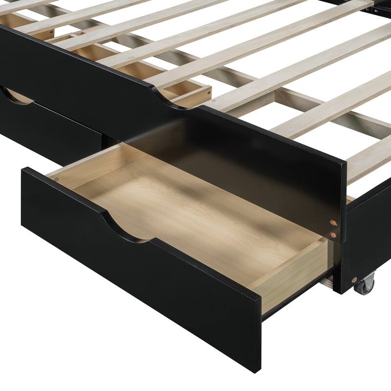 Full Size Espresso Wooden Bed with LED Night Light, Trundle, and Under-Bed Storage Drawers