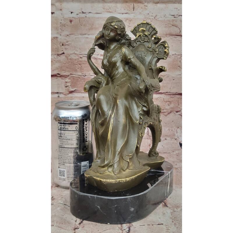Seated Lady In Ornate Chair Bronze Sculpture On Marble Base
