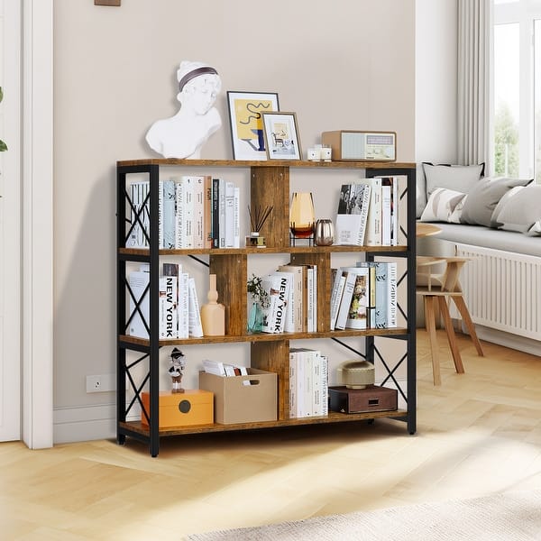 slide 2 of 5, Moasis 4 Tier Cube Bookcases and Bookshelves, Industrial Wide Display Open Storage Book Shelf Brown