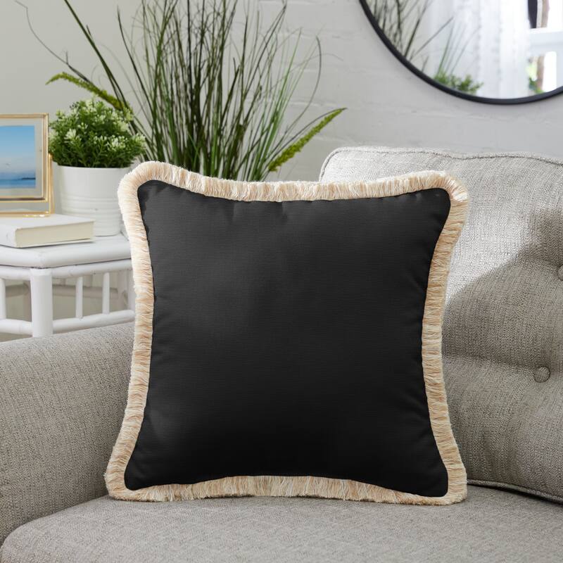 Sunbrella Canvas Black Indoor/ Outdoor Square Pillow with Fringe - 18 in L x 18 in W
