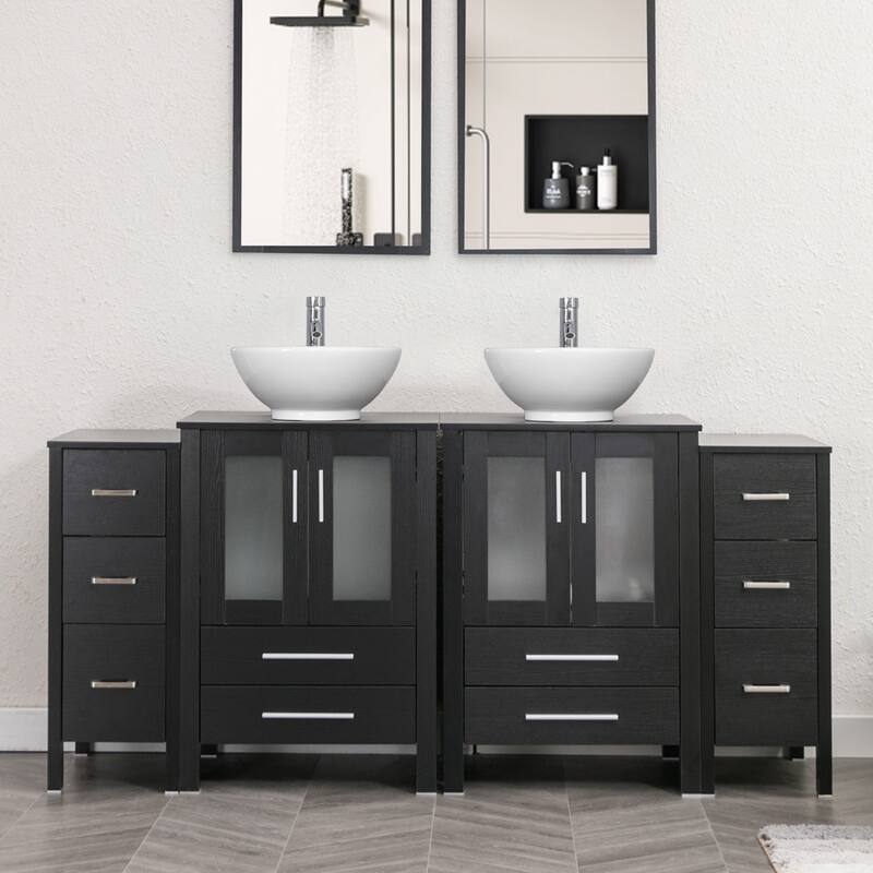 72" Bathroom Vanity Set Glass Ceramic Vessel Sink Side Cabinet Combo - white ceramic round sink - Black
