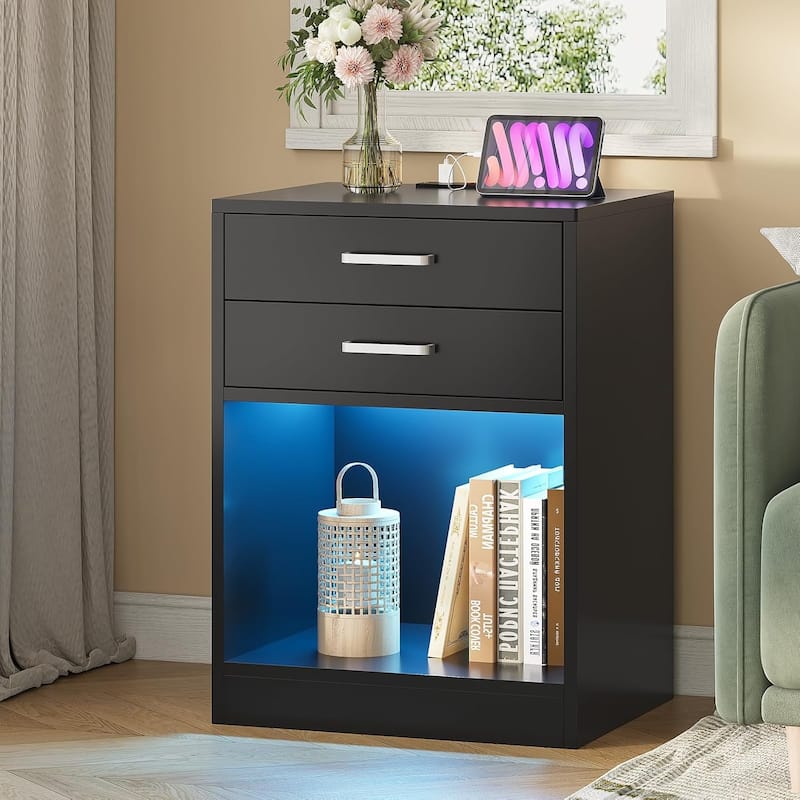LED Nightstands Set of 2 Nightstand Bedroom Power Outlets 2 Drawers