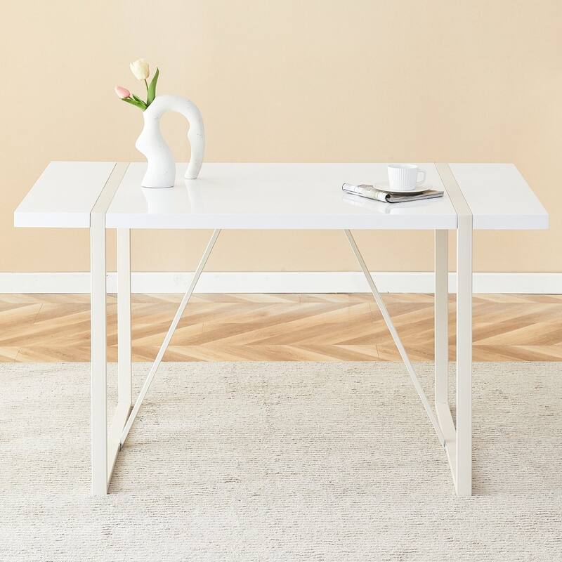 Modern Cream Style Dining Table with Thick MDF Top and White Metal Legs Frame