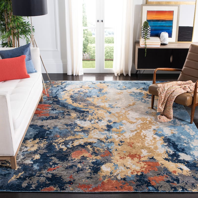 SAFAVIEH Couture Hand-Knotted Tiffany Sirikit Contemporary Abstract Viscose Rug - 9' x 12' - Blue/Gold