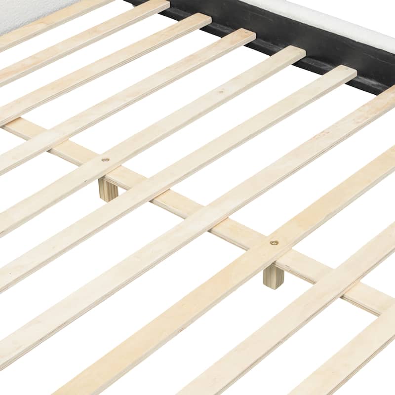 White Upholstered Low-Profile Platform Bed with Boucle Thick Headboard, Solid Wood Legs Grounded Bed Frame, Floor Bed