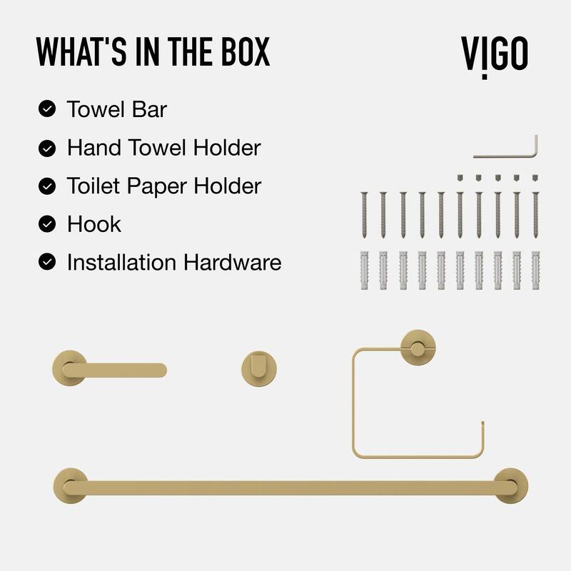 VIGO Arden 4-Piece Bathroom Hardware Accessory Set with 24 in. Towel Bar, Toilet Paper Holder, Hand Towel Holder, Hook