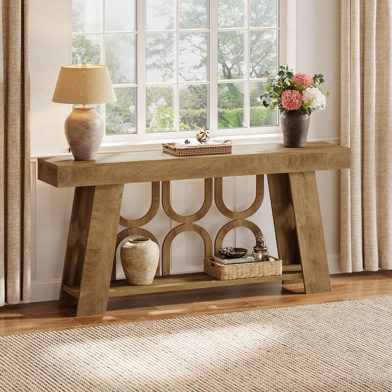 63" Console Table with Arched Legs, 2-Tier Farmhouse Entryway Table