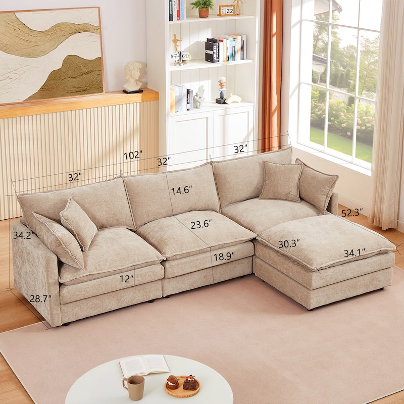 Homy Casa 102" L-Shaped Modular Sectional Sofa Movable Ottoman, Cloud-Style Chenille Couch, DIY Combination for Living Room Tray