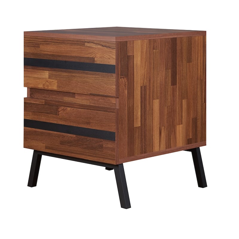 Two Drawers Wooden End Table with Angled Leg Support, Brown and Black - 23 H x 20 W x 18 L Inches