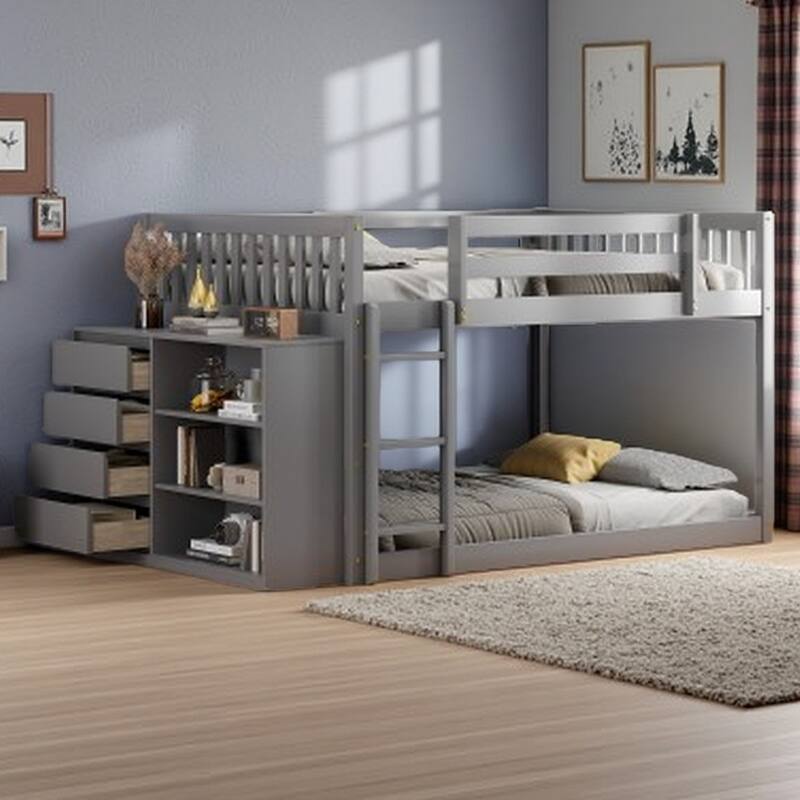 Full Size Bunk Bed with Drawers, Shelves & Reversible Ladder, Durable Solid Wood Structure - Gray