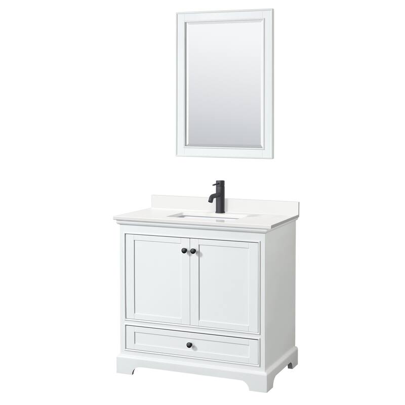 Deborah 36-inch Single Vanity, Quartz Top, 24-inch Mirror - White, Black Trim, White Quartz Top