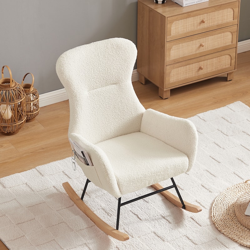 Teddy Velvet Upholstered Glider Rocking Chair, Glider Rocker with Side Pockets, Lounge Armchair with High Backrest