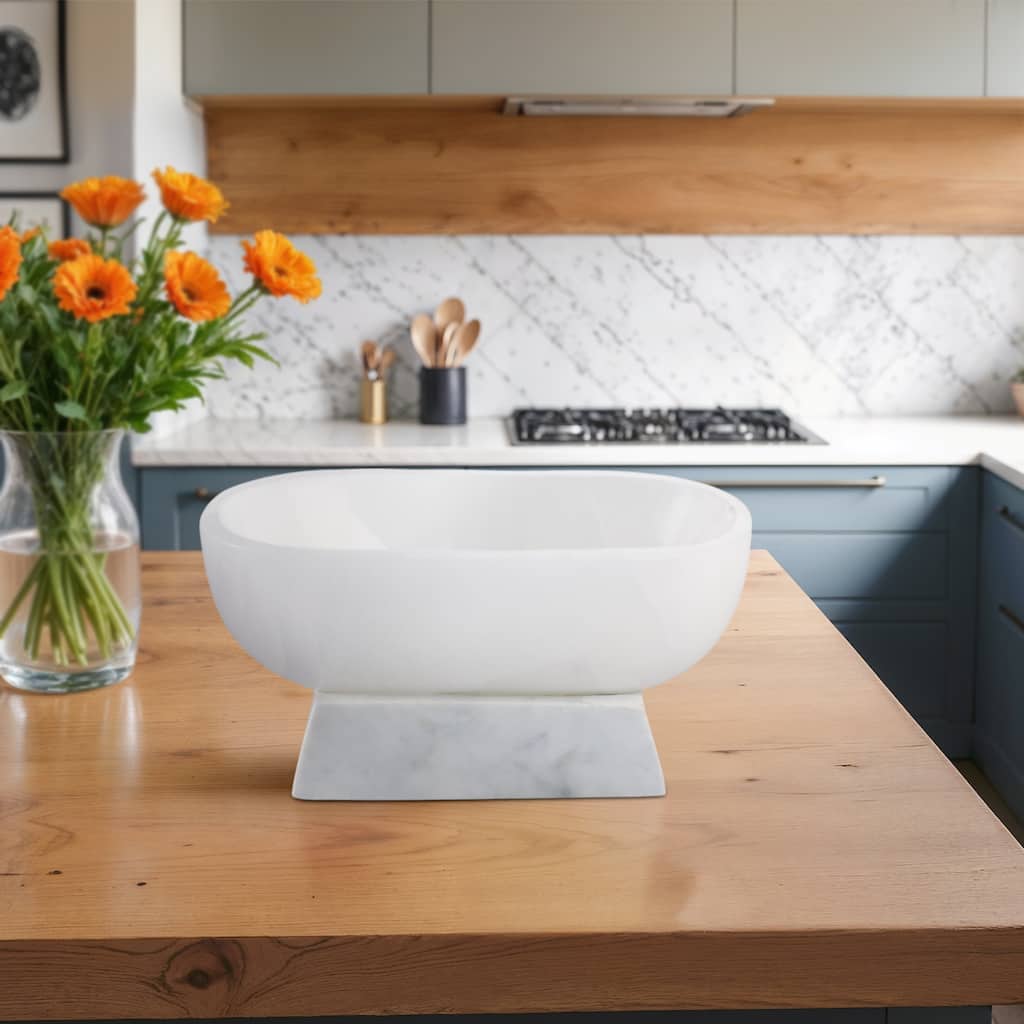 Stone Decorative Bowl Pedestal Base Polished Finish - 5" White - 12" x 6" x 5"