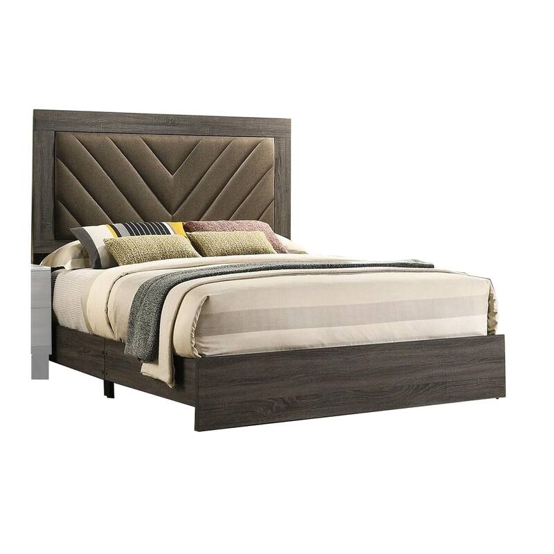 Queen Size Upholstered Bed with Rubberwood Frame and Gray Fabric Headboard