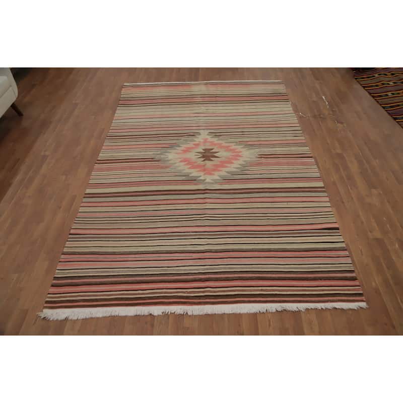 Hand Woven Oriental 100% Wool Carpet Southwestern Tribal Multi-Colored Kilim Area Rug - 9' 11'' X 6' 4''