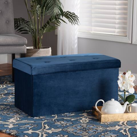 Castel Modern Velvet Upholstered Wood Storage Ottoman-Navy Blue
