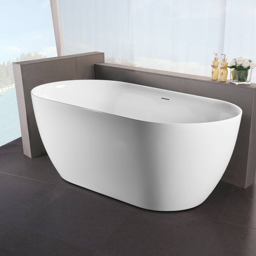 Freestanding Acrylic Glossy White Bathtub with Overflow and Drainage