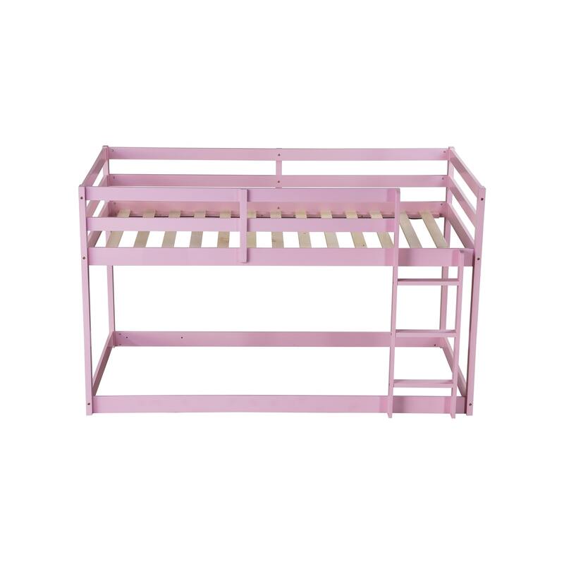 Wooden Twin over Twin Floor Bunk Bed with Ladder, with Bed Platform of Strengthened Slats