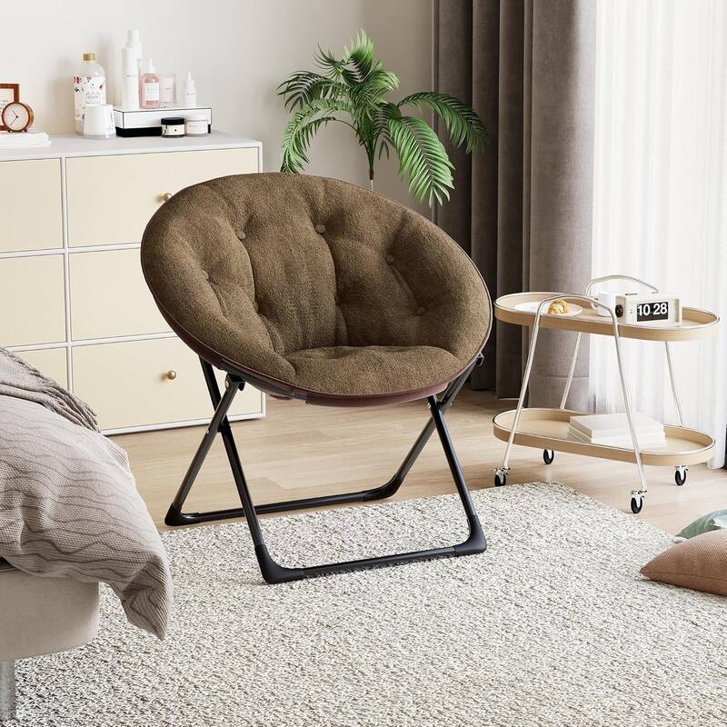 Comfy Folding Saucer Chair for Bedroom, Faux Fur Lounge Moon Chair with Sturdy Metal Frame, Oversized Plush Flower - Brown With Black Legs