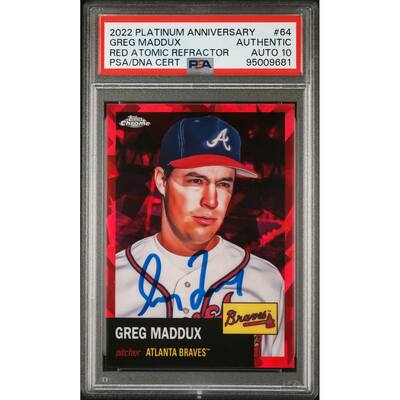 Greg Maddux 2022 Topps Chrome Red Atomic Refractor Card #64 Auto PSA 10 44/100 - 8'6" x 11'6"