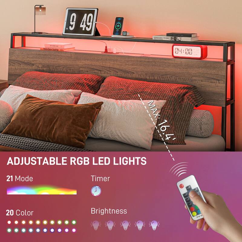 Walnut Platform Bed Frame with USB Charging and RGB LED Lights 3-Tier Storage and Noise-Reducing Mats