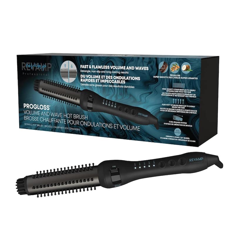 Revamp Progloss Volume & Wave Ceramic Heated Curling Iron Brush, 1.25" Bristles, Ceramic Barrel, Auto-Off & 9' Swivel Cord - Ceramic - Black