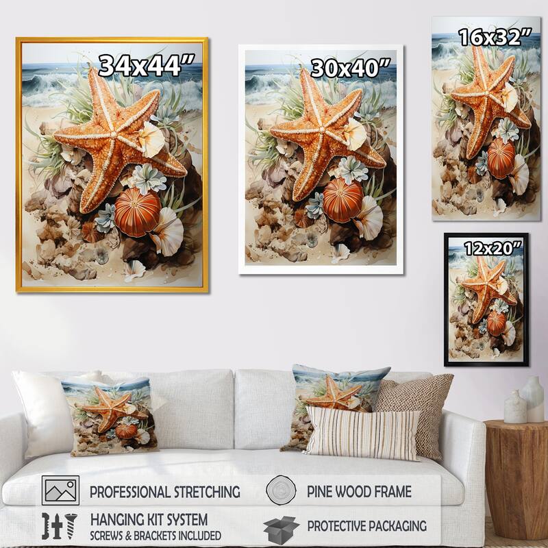 Designart "Orange And Blue Starfish Sands II" Coastal Tropical Wall Decor Orange Coastal Entryway Framed Wall Art Print