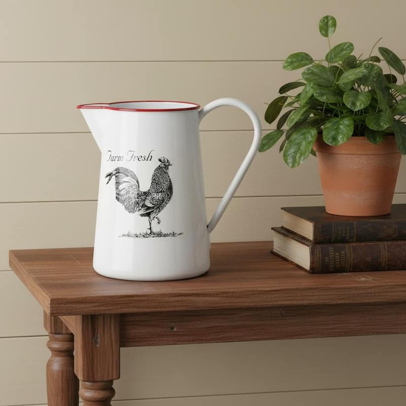 HomeRoots 8" Black And White Metal Farm Fresh Chicken Decorative Jug - 8.00 in. x 7.75 in. x 5.25 in. - White/Black