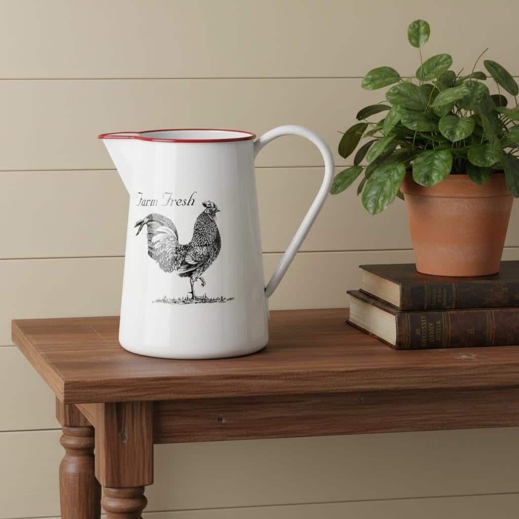 HomeRoots 8" Black And White Metal Farm Fresh Chicken Decorative Jug - 8.00 in. x 7.75 in. x 5.25 in.
