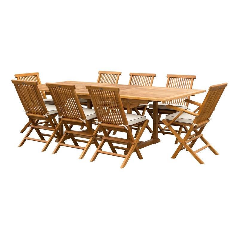 9 Piece Teak Wood Miami Patio Dining Set with Rectangular Extension Table, 8 Folding Arm and Side Chairs