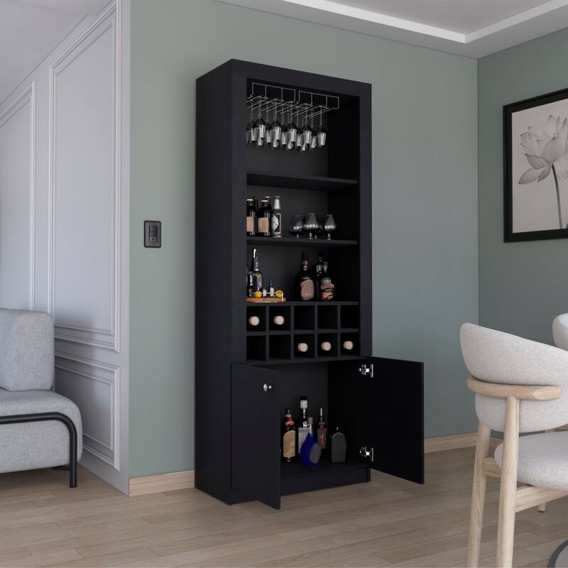 Nero 74-Inch Tall Bar Cabinet 4-Tier Modern Bar Cabinet with Glass Holder Stemware Rack, Wine Cabinet, Liquor Cabinet