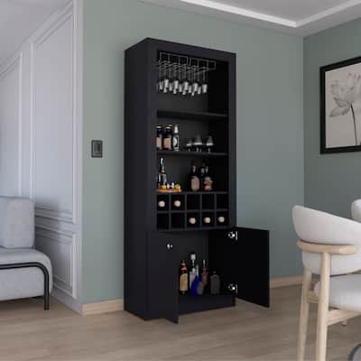 Nero 74-Inch Tall Bar Cabinet 4-Tier Modern Bar Cabinet with Glass Holder Stemware Rack, Wine Cabinet, Liquor Cabinet