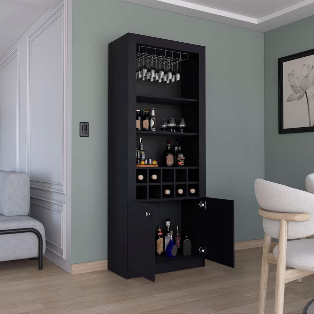 Nero 74-Inch Tall Bar Cabinet 4-Tier Modern Bar Cabinet with Glass Holder Stemware Rack, Wine Cabinet, Liquor Cabinet