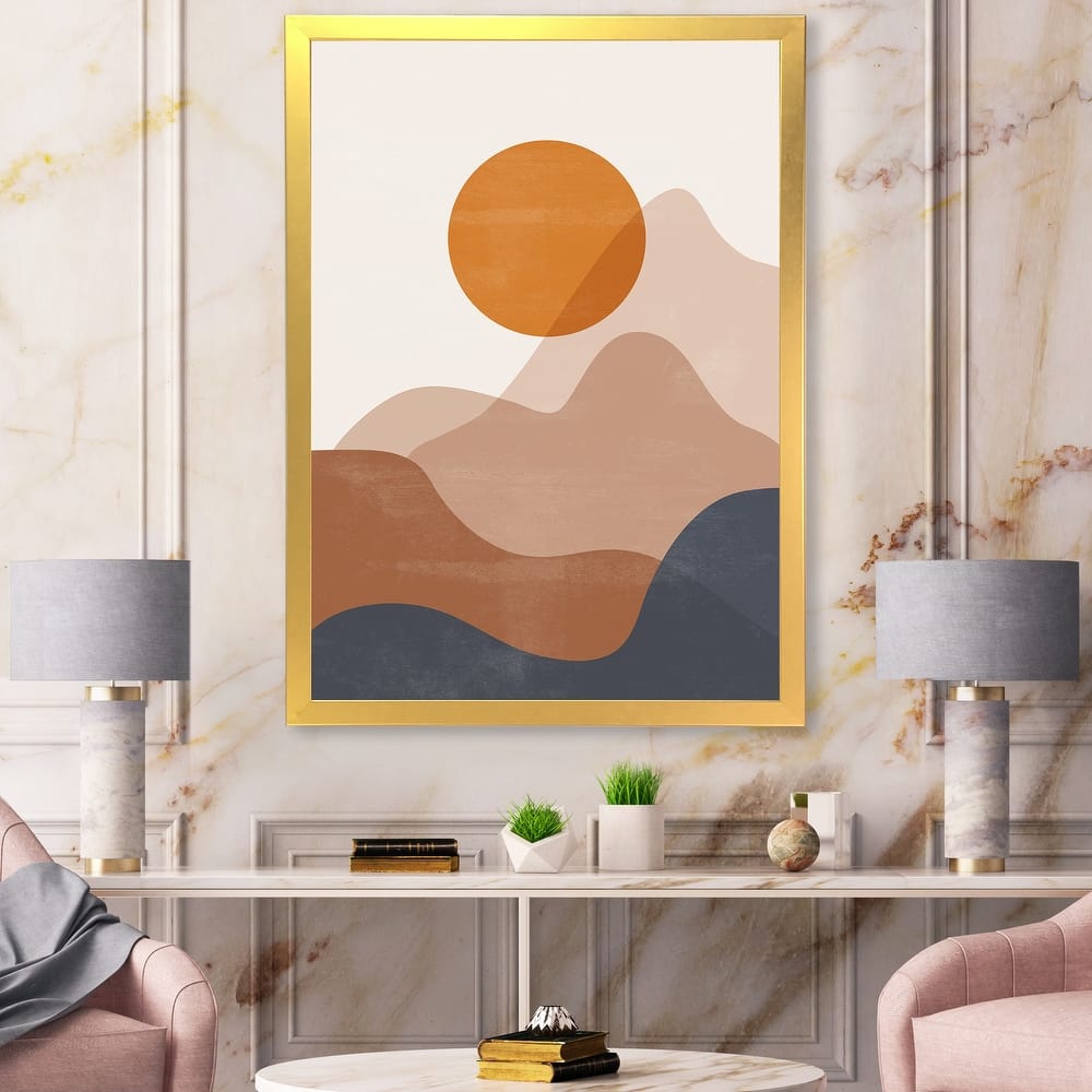 Designart "Abstract Red Moon In Earth Toned Mountains II" Modern Framed Art Print