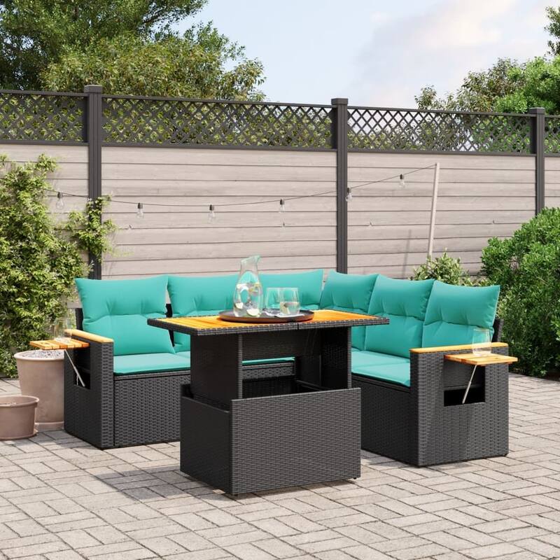 vidaXL Patio Sofa Set with Cushions Outdoor Furniture 6 Piece Poly Rattan - 21.7 x 24.4 x 27.2 - Black