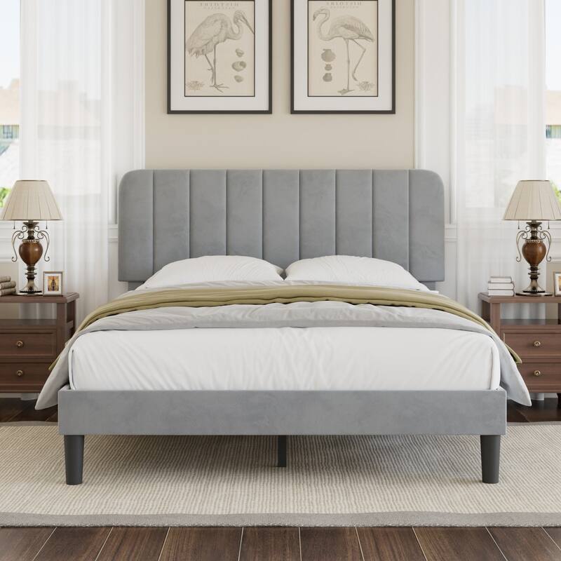 Javlergo Upholstered Bed Frames with Height-adjustable Headboard - Light Grey - Queen