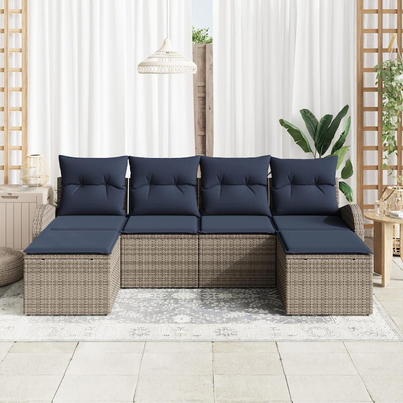 vidaXL 6 Garden Sofa Set with Cushions Black/Brown/Grey Poly Rattan - 92.1 x 24.4 x 27.2