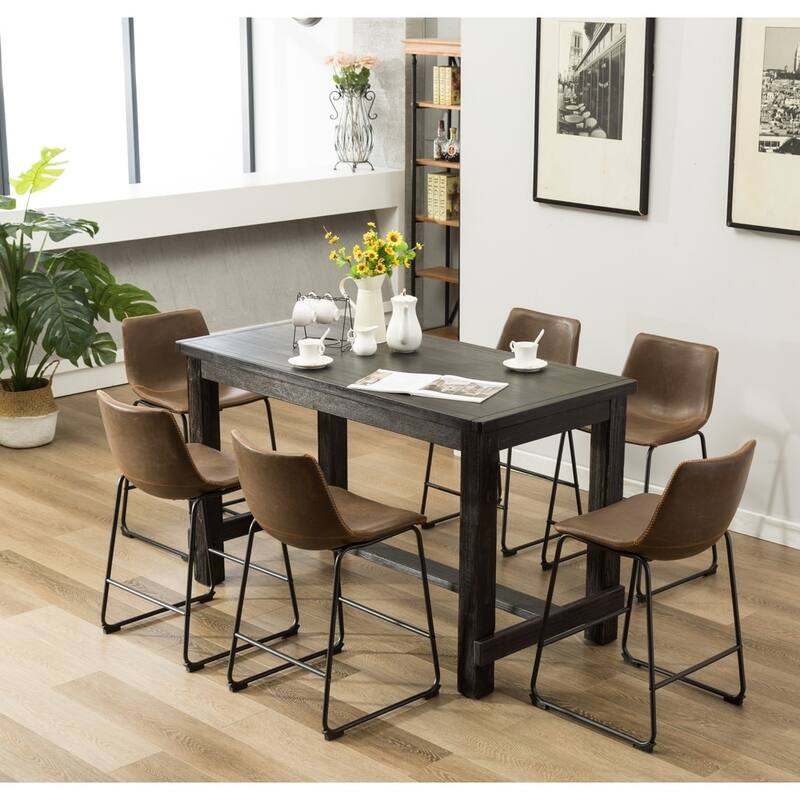 Roundhill Furniture Lotusville 7-pc. Counter-height Black Wood Dining Set - Brown