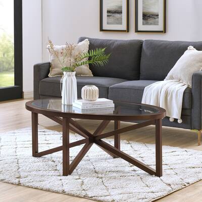 Coffee Table with Solid Wood Base,Tempered Glass Top