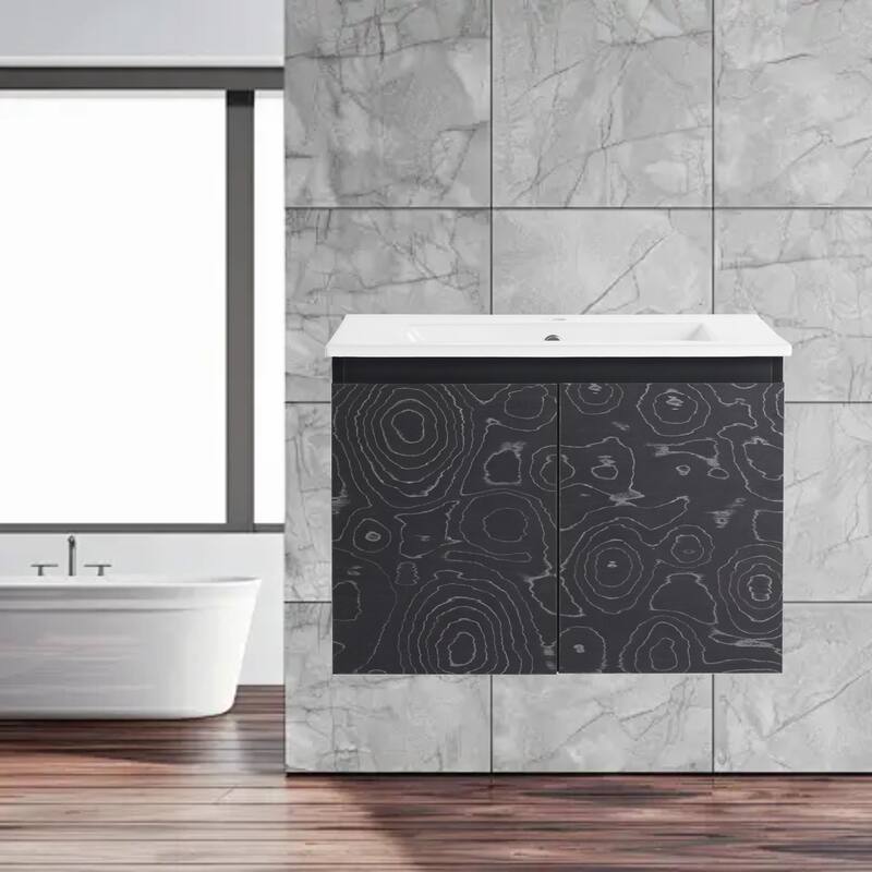 24 Inch Wall-Mounted Vanity with Ceramic Sink, Soft-Close Hinges & Triple Doors for Bathrooms - Black Maple