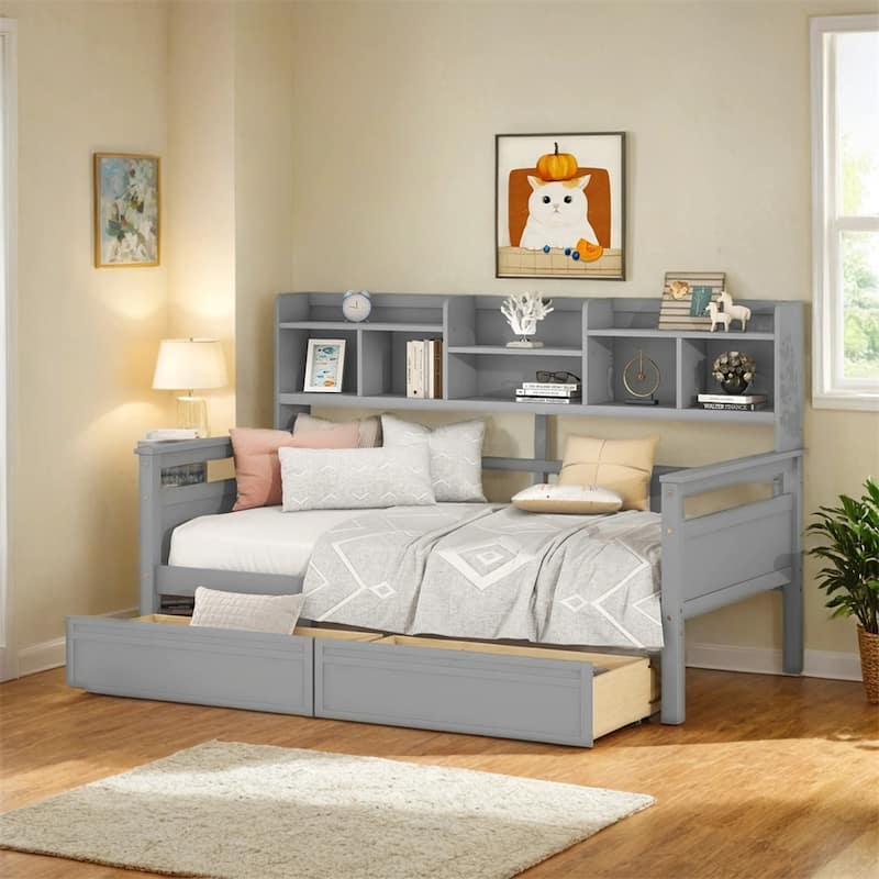 Twin size Daybed,Wood Slat Support,w/Bedside Shelves and Two Drawers