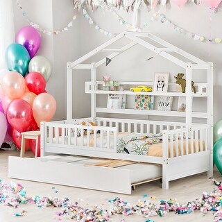 Twin Size Wooden House Bed Kids Bed with Trundle and Shelf for Home